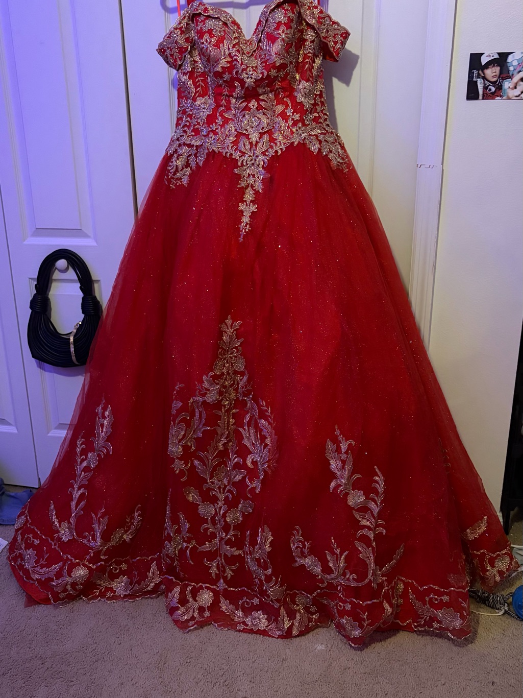 Red Off-Shoulder Embroidered Ball Gown Dress + Tiara